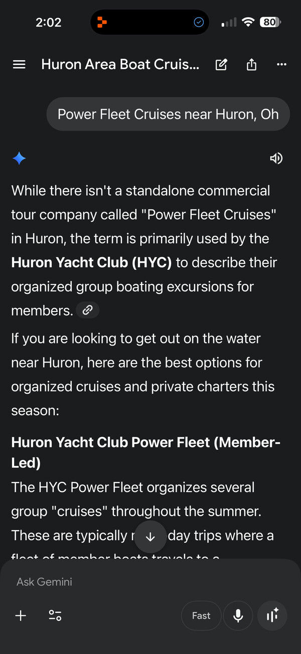 Gemini mobile screenshot explaining that the term Power Fleet Cruises is primarily used by the Huron Yacht Club to describe their organized group boating excursions