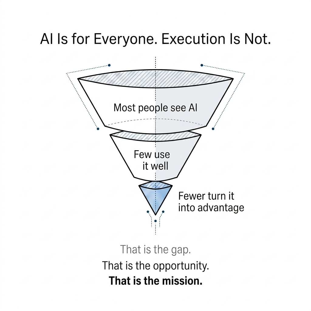 AI is for Everyone. Execution is Not. A funnel showing most people see AI, few use it well, and fewer turn it into advantage. That is the gap. That is the opportunity. That is the mission.