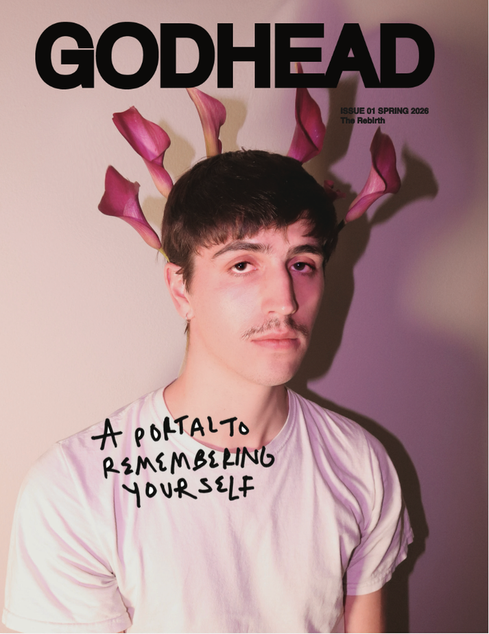 GodHead Magazine Issue 01 Spring 2026 The Rebirth - A portrait with calla lilies and the handwritten text 'A PORTAL TO REMEMBERING YOURSELF'