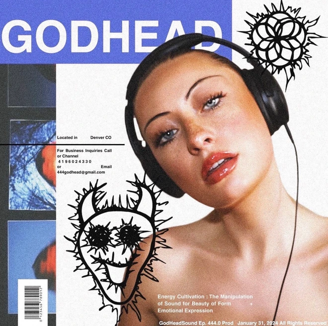 GodHeadSound Ep 444.0 - Vivid blue and monochrome aesthetic featuring a model wearing headphones