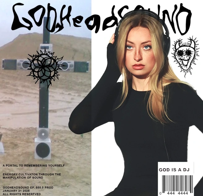 GodHeadSound Ep 555.0 - A surreal contrast of a DJ and a cross structure made of speakers