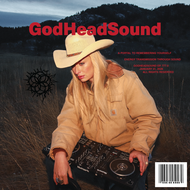 GodHeadSound Ep 777.0 - A DJ working in a natural landscape with the text 'Energy Transmission Through Sound'
