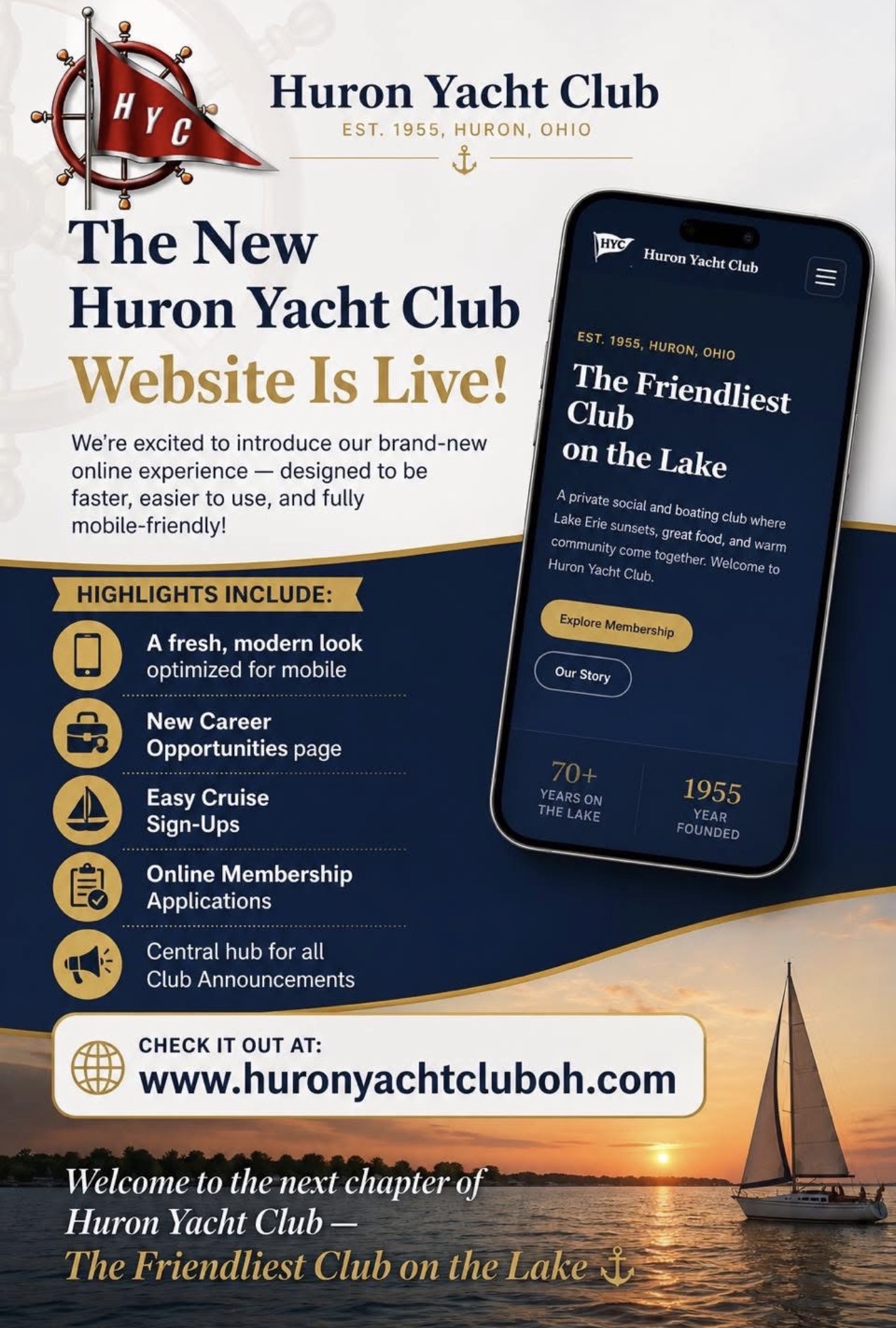 The new Huron Yacht Club website launch announcement, showing a mobile preview of the redesigned site with the headline The Friendliest Club on the Lake